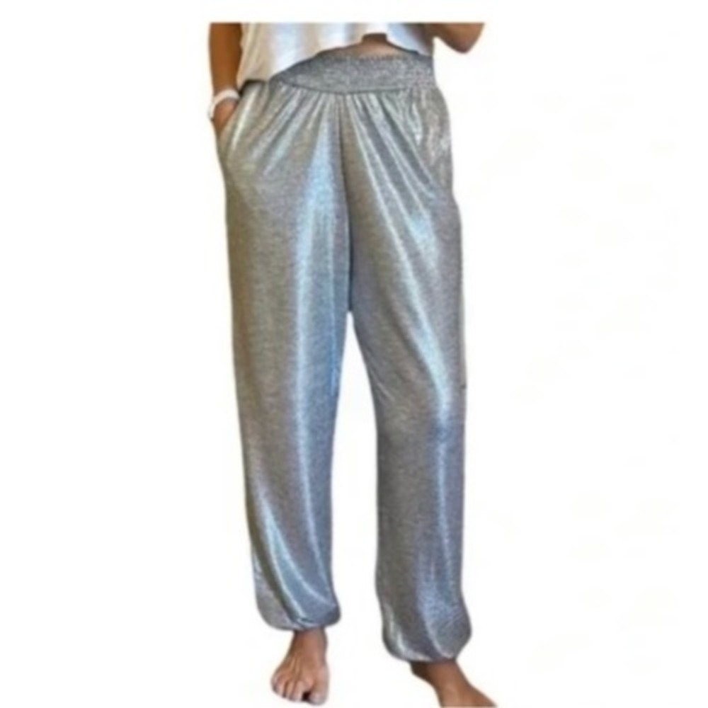 Anthropologie Wide Leg Pants Pull On Metallic Silver Harem Joggers Glam Disco M
